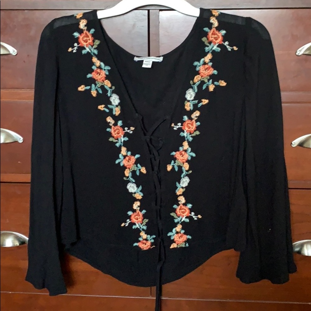 Lace Up Floral Embroidered Blouse